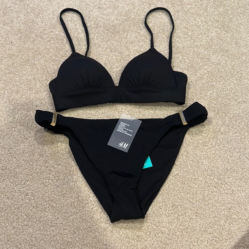 H&M Black Bikini Set with Triangle Cups and Side-Tie Bottoms